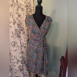 Lands' End Black Floral Wrap Midi Dress with Multicolor Blossoms
